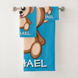 Cute Monkey Safari Cartoon Oerwoud Name Blue Bad Handdoek
