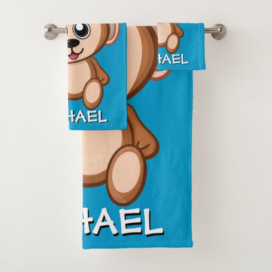 Cute Monkey Safari Cartoon Oerwoud Name Blue Bad Handdoek (Insitu)