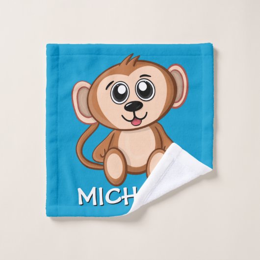 Cute Monkey Safari Cartoon Oerwoud Name Blue Bad Handdoek (Wasdoekje)