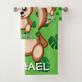 Cute Monkey Safari Green Cartoon Oerwoud Name Bad Handdoek