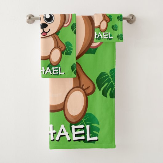 Cute Monkey Safari Green Cartoon Oerwoud Name Bad Handdoek (Insitu)