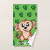 Cute Monkey Safari Green Cartoon Oerwoud Name Bad Handdoek (Handdoek)