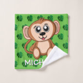 Cute Monkey Safari Green Cartoon Oerwoud Name Bad Handdoek (Wasdoekje)