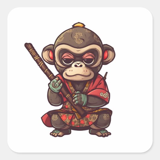 Cute Monkey Samurai Eye Catching Schattig Monkey Vierkante Sticker (Voorkant)