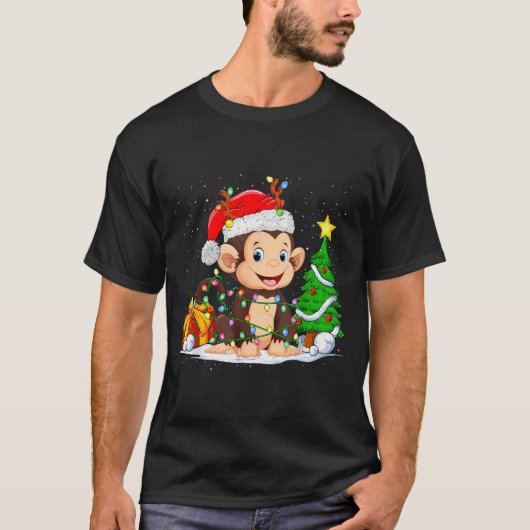 Cute Monkey Santa Christmas Tree Lights Xmas Pajam T-shirt (Voorkant)