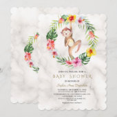Cute Monkey Tropical Floral Girl Baby shower Kaart (Voorkant / Achterkant)
