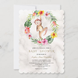 Cute Monkey Tropical Floral Girl Baby shower Kaart
