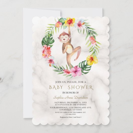 Cute Monkey Tropical Floral Girl Baby shower Kaart (Voorkant)