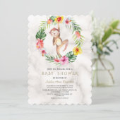 Cute Monkey Tropical Floral Girl Baby shower Kaart (Staand voorkant)