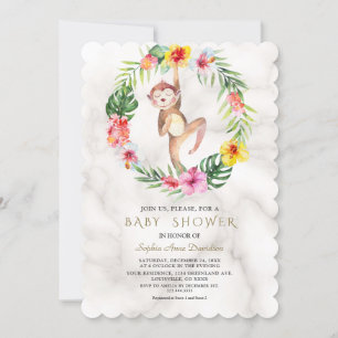 Cute Monkey Tropical Floral Girl Baby shower Kaart