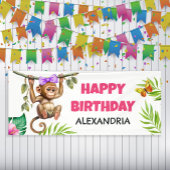 Cute Monkey Tropical Oerwoud Child's Happy Birthda Spandoek