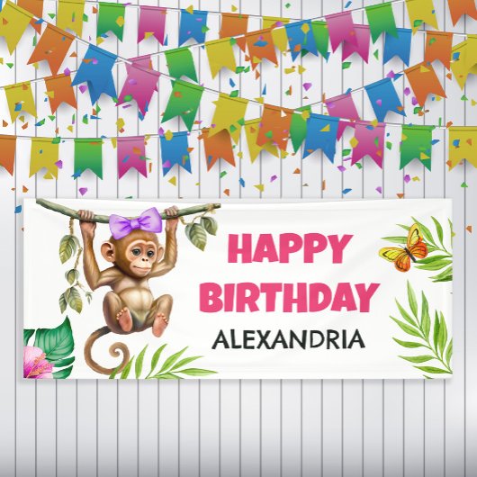 Cute Monkey Tropical Oerwoud Child's Happy Birthda Spandoek