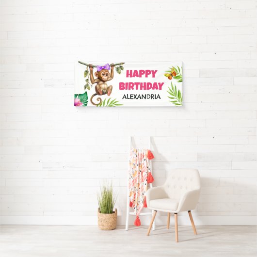 Cute Monkey Tropical Oerwoud Child's Happy Birthda Spandoek (Insitu)