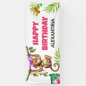 Cute Monkey Tropical Oerwoud Child's Happy Birthda Spandoek (Verticaal)