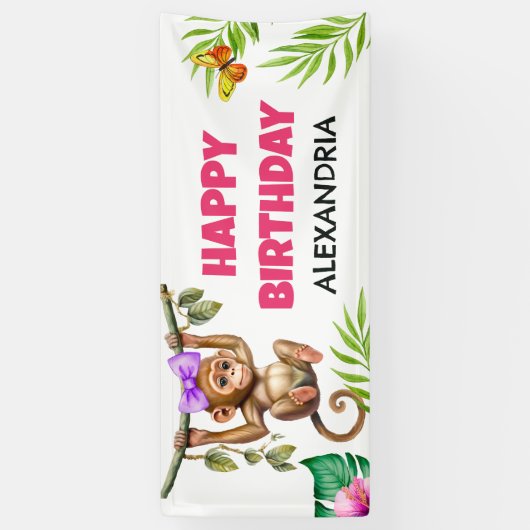 Cute Monkey Tropical Oerwoud Child's Happy Birthda Spandoek (Verticaal)
