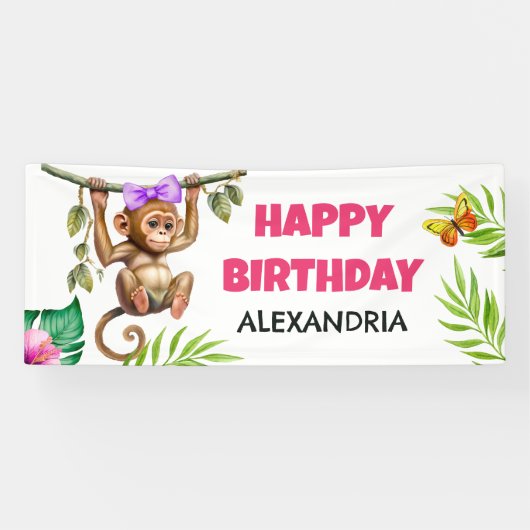 Cute Monkey Tropical Oerwoud Child's Happy Birthda Spandoek (Horizontaal)