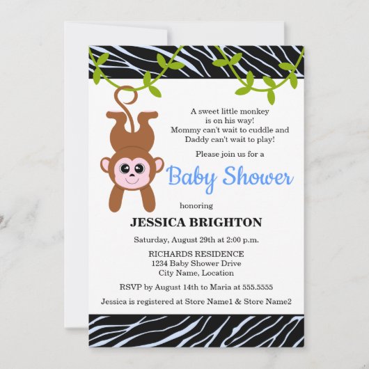 Cute Monkey Zebra Stripes Baby shower Kaart (Voorkant)
