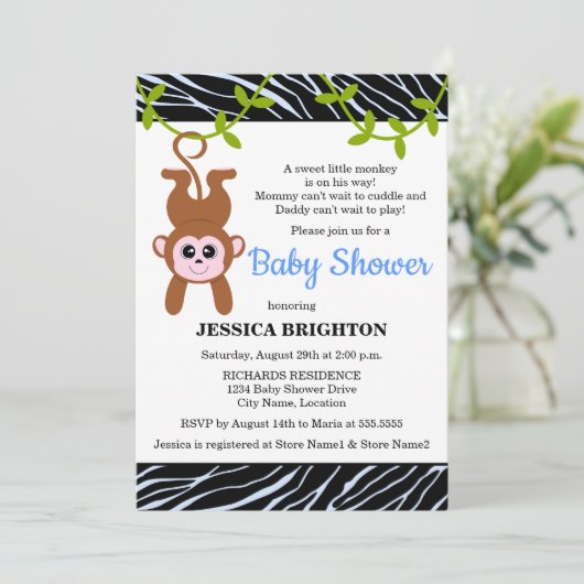 Cute Monkey Zebra Stripes Baby shower Kaart (Staand voorkant)