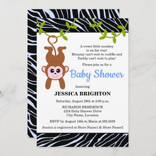 Cute Monkey Zebra Stripes Baby shower Kaart (Voorkant / Achterkant)