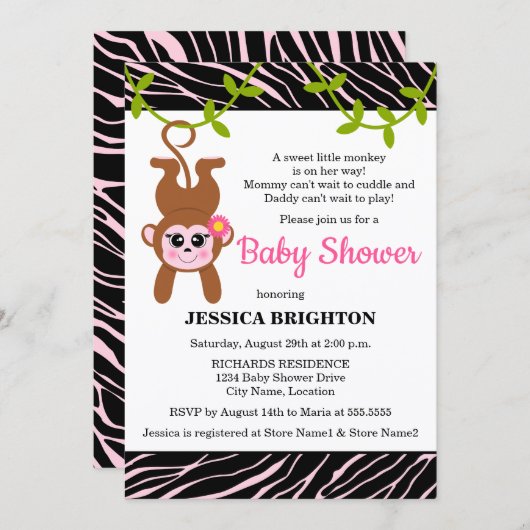 Cute Monkey Zebra Stripes Baby shower Kaart (Voorkant / Achterkant)