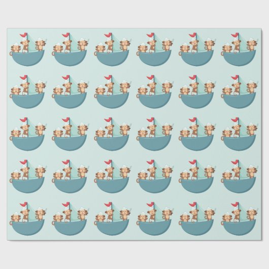 Cute Monkeys in Pirate Ship Wrapping Paper Cadeaupapier (Vlak)