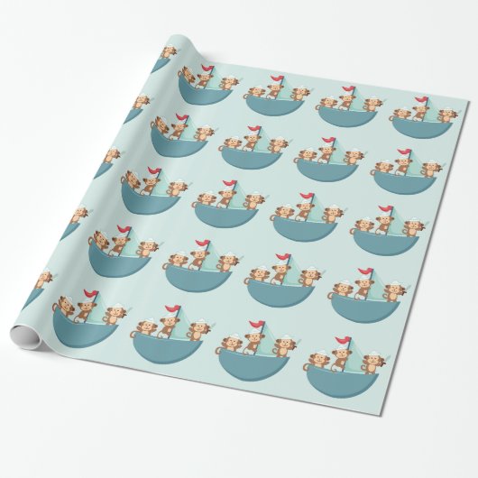 Cute Monkeys in Pirate Ship Wrapping Paper Cadeaupapier (Uitgerold)
