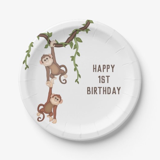 Cute Monkeys Kind 1st Birthday Papieren Bordje (Voorkant)