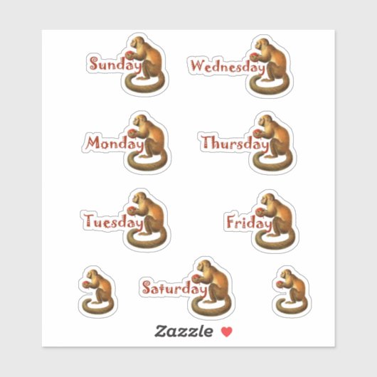 Cute Monkeys | Rode doopvont | Dagen van de week Sticker (Vel)