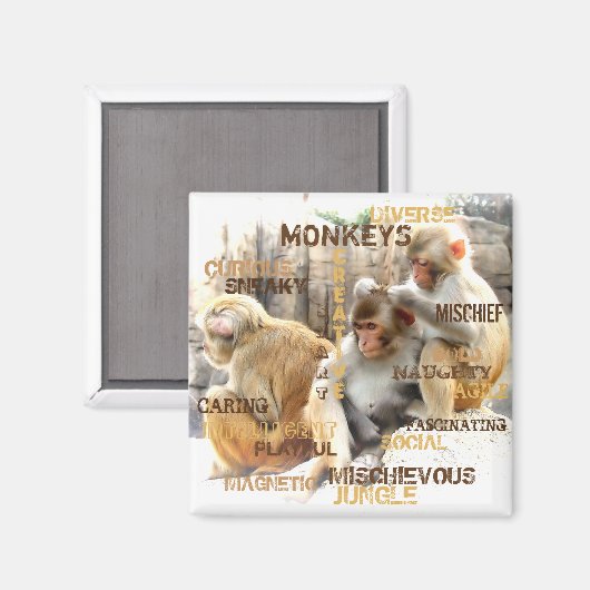 Cute Monkeys Typography Art Magneet (Voorkant / Achterkant)