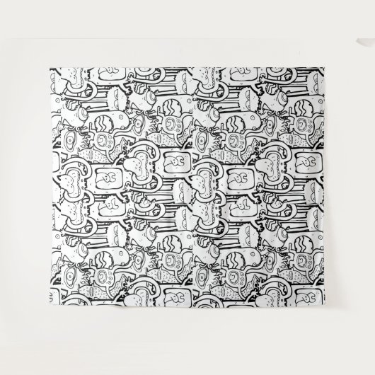 Cute Monochrome Doodle Monster Pattern Wandkleed (Voorkant (horizontaal))