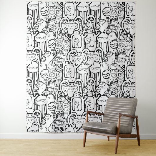 Cute Monochrome Doodle Monster Pattern Wandkleed (In situ)