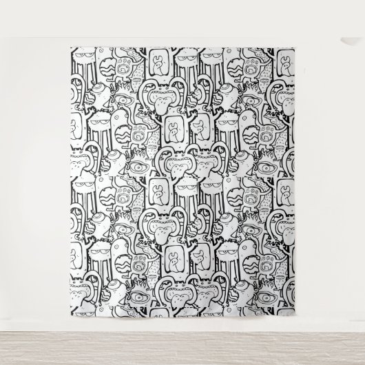 Cute Monochrome Doodle Monster Pattern Wandkleed (Voorkant)