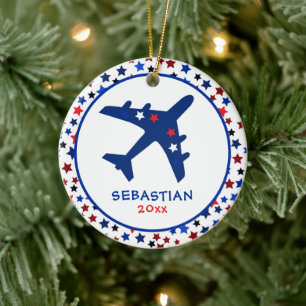 Cute Monogram Airplane Stars Kerstmis Keramisch Ornament