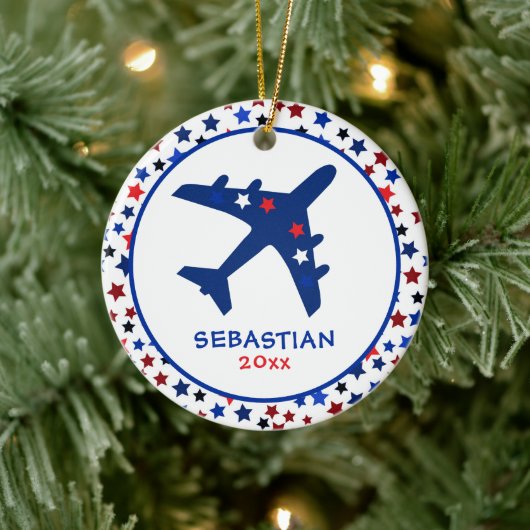 Cute Monogram Airplane Stars Kerstmis Keramisch Ornament (Boom)