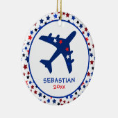 Cute Monogram Airplane Stars Kerstmis Keramisch Ornament (Rechts)