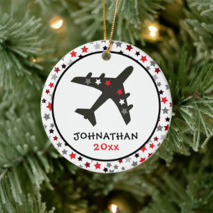Cute Monogram Black Airplane Stars Kerstmis Keramisch Ornament