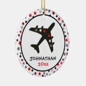 Cute Monogram Black Airplane Stars Kerstmis Keramisch Ornament (Rechts)