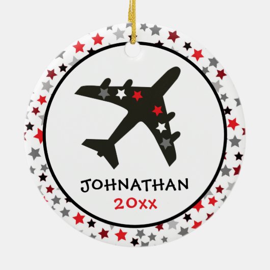 Cute Monogram Black Airplane Stars Kerstmis Keramisch Ornament (Achterkant)