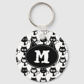 Cute Monogram Black Cat Expressions Patroon Sleutelhanger (Voorkant)