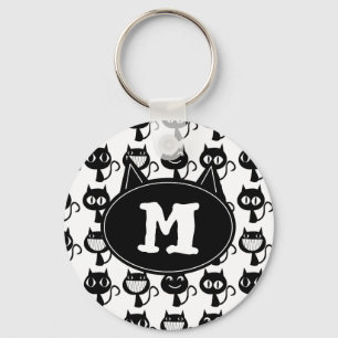 Cute Monogram Black Cat Expressions Patroon Sleutelhanger