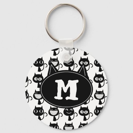 Cute Monogram Black Cat Expressions Patroon Sleutelhanger (Voorkant)