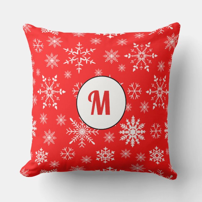 Cute monogram cadeau rode sneeuwvlokken uniek kussen (Voorkant)