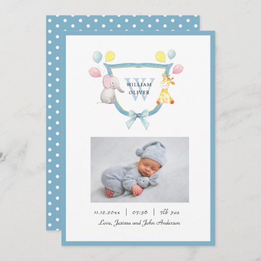 Cute Monogram Crest met Animals Boy Birth Aankondiging (Voorkant / Achterkant)