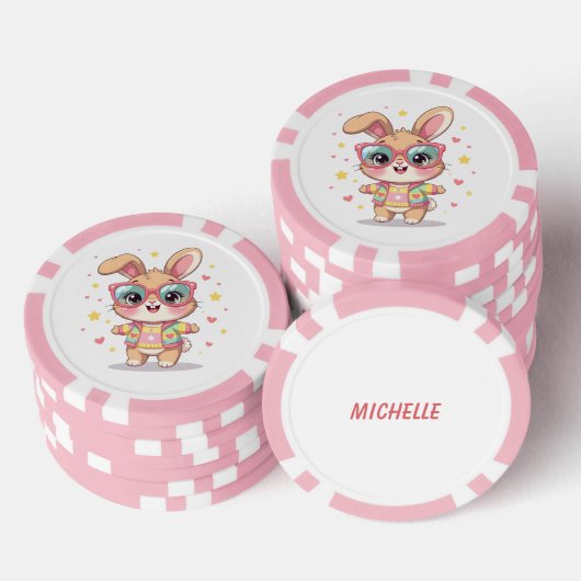 Cute monogram girly bunny wearing glasses poker chips (Opstapeling)