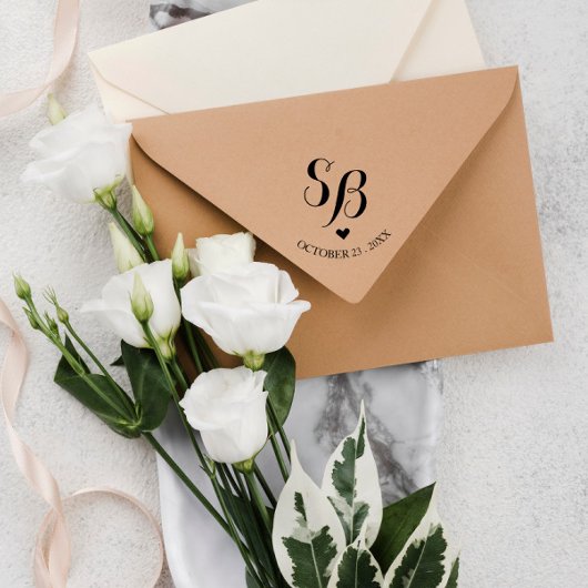 Cute Monogram Heart & WeddenDatum Zelfinktende Stempel