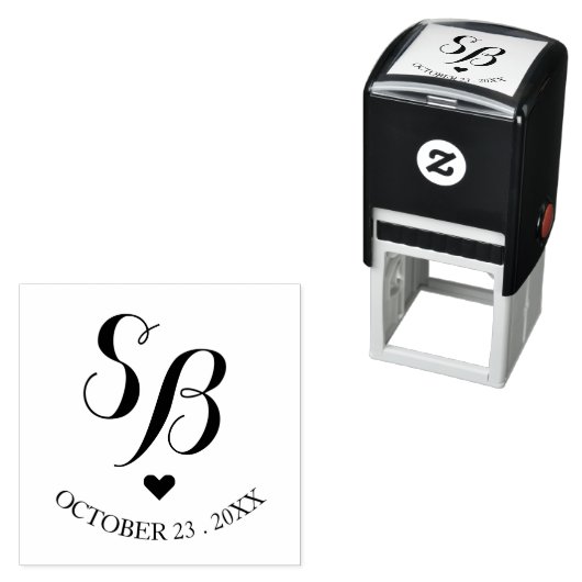Cute Monogram Heart & WeddenDatum Zelfinktende Stempel (In situ)