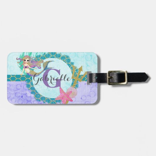 Cute Monogram Mermaid Blauwgroen en Paarse Waterve Bagagelabel (Voorkant horizontaal)
