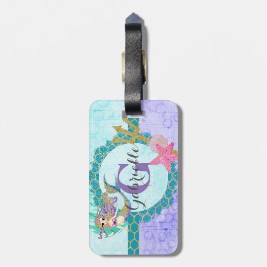 Cute Monogram Mermaid Blauwgroen en Paarse Waterve Bagagelabel (Achterkant verticaal)
