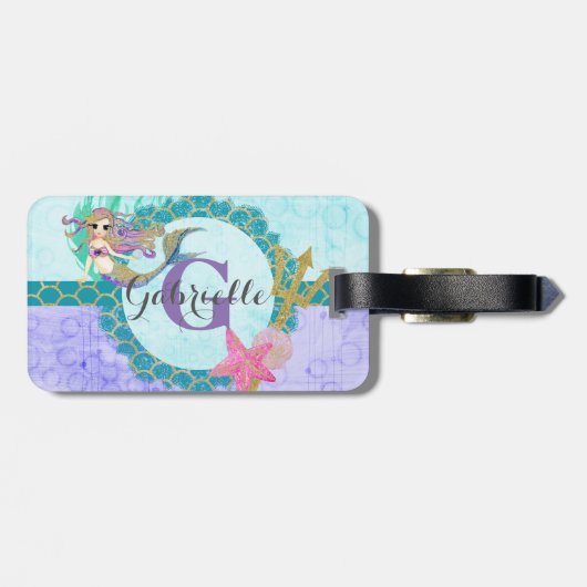 Cute Monogram Mermaid Blauwgroen en Paarse Waterve Bagagelabel (Achterkant horizontaal)