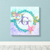 Cute Monogram Mermaid Blauwgroen en Paarse Waterve Canvas Afdruk (Insitu (Houten vloer))